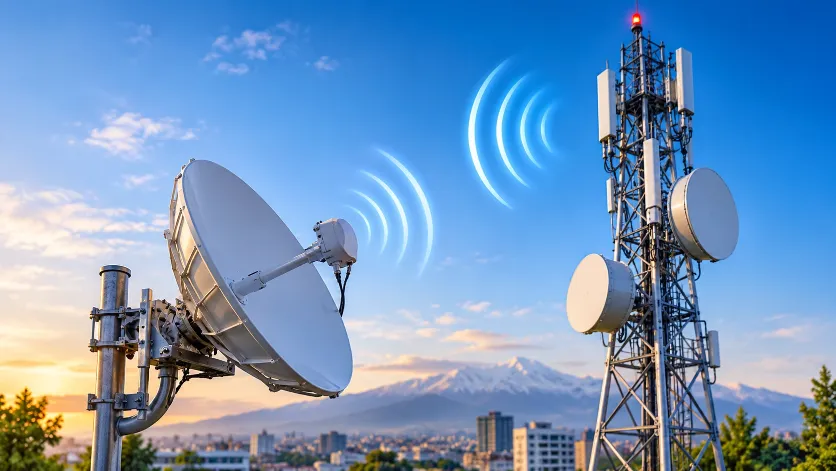 دکل مخابراتی و دیش رادیویی برای برقراری ارتباط اینترنت پوینت تو پوینت (PTP)